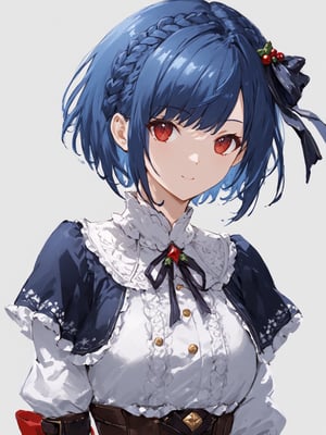 masterpiece, best quality, 8k, 8k UHD, ultra-high resolution, ultra-high definition, highres
,//Character, 
1girl, solo, short hair, blue hair, shiny hair, red eyes, bangs, braid
,//Fashion, 
santa_costume, hair ribbon
,//Background, white_background
,//Others, ,Expressiveh,
dynamic pose, dark energy