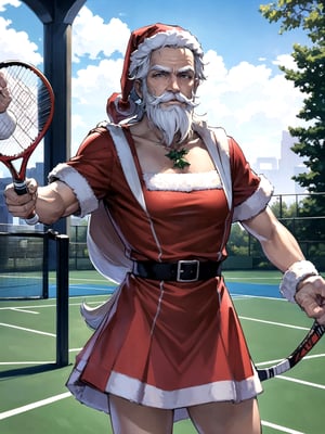 masterpiece,best quality,highly detailed,Santa, solo, white beard , Change of pace, tennis, tennis court