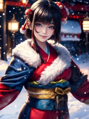 Warm lighting, beautiful Japanese girl, detailed face, shy smile, dark eyes, short bobbed hair, gorgeous hair ornament, details (dark blue silk brocade kimono), Kyoto, outdoors, winter, snow, full-length portrait, realistic ,Japanese girl, Santa Claus, Christmas, young girl, background slightly blurred,