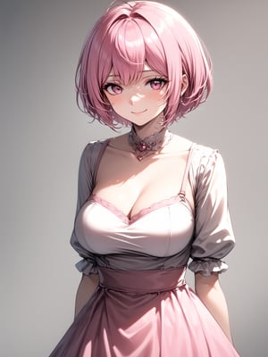 best quality, 8k, 8k UHD, ultra-high resolution, ultra-high definition, highres
,//Character, 
1girl, solo
,//Fashion, 
,//Background, 
,//Others, ,Expressiveh, 
Alural, short hair, pink hair, pink eyes, dress, smile