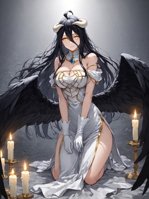 masterpiece, best quality, highres
,//Character, 
1girl, solo,albedo \(overlord\), long hair, black hair, hair between eyes, yellow eyes, horns, ahoge, black wings, feathered wings, low wings
,//Fashion, 
white gloves, white dress, bare shoulders, detached collar, cleavage, slit pupils
,//Background, 
,//Others, ,Expressiveh, 
A young priestess kneeling before a dark altar, surrounded by ominous statues and flickering candles.