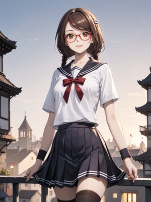 masterpiece, best quality, 8k, 8k UHD, ultra-high resolution, ultra-high definition, highres
,//Character, 
1girl, solo,SakimiyaMisaki, brown hair, twin braids, brown eyes, glasses, red-framed eyewear
,//Fashion, 
school uniform, hair ornament, hairclip, pleated skirt, black thighhighs
,//Background, 
,//Others, ,Expressiveh, 
A twin-tailed assassin girl perched on a rooftop, observing a medieval fantasy city at night.
, weapon, holding_weapon