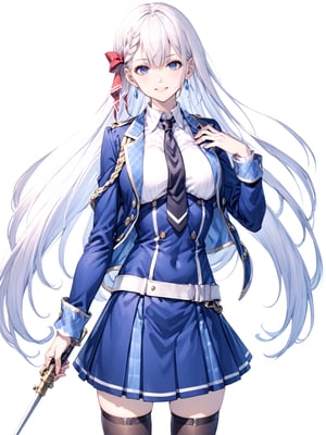 score_9,score_8_up,score_7_up,score_6_up, masterpiece, best quality
,//Character, 
1girl, solo,RiseliaRayCrystalia, very long hair, white hair, braid, blue eyes, medium breasts
,//Fashion, 
earrings, red hair bow, long sleeves, white shirt, collared shirt, black necktie, blue jacket, blue skirt, pleated skirt, black thighhighs, belt
,//Background, white_background
,//Others,
(making a V sign), smile