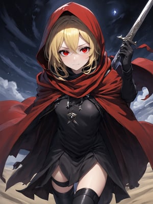 //Quality,
masterpiece, best quality, detailed
,//Character,
,Evileye \(overlord\), 1girl, solo, blonde hair, red eyes, hair between eyes, small breasts
,//Fashion,
hood, black dress, torn clothes, covered navel, red cloak, hooded cloak, black thighhighs, torn thighhighs, boots, black footwear
,//Background,
dune hill of Swords, starry_sky
,//Others,
hood up