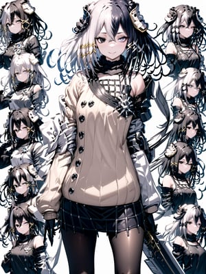 score_9,score_8_up,score_7_up,score_6_up, masterpiece, best quality
,//Character, 
1girl, solo,Antilene_Heran_Fouche \(overlord\), black eyes, grey eyes, heterochromia, two-tone hair, hair between eyes, bangs
,//Fashion, 
hair ornament, long sleeves, bare shoulder, gloves, sweater, skirt, pantyhose
,//Background, white_background
,//Others,
evil smiling, holding_weapon 