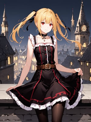 masterpiece, best quality, highres
,//Character, 
1girl, solo,AmaneMisa, twintails, blonde hair, red eyes, sidelocks
,//Fashion, 
black dress, sleeveless, bare shoulders, collarbone, choker, skirt, frills, belt, black pantyhose, cross
,//Background, 
,//Others, ,Expressiveh, 
A twin-tailed assassin girl perched on a rooftop, observing a medieval fantasy city at night.