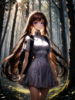 A young girl with long brown hair and bright eyes, standing at the edge of a magical forest. She's wearing a simple dress and holding a small backpack. Sunlight filters through the trees, creating a mystical atmosphere. The girl looks excited and slightly nervous.
best quality, 8k, 8k UHD, ultra-high resolution, ultra-high definition, highres
,//Character, 
1girl, solo
,//Fashion, 
,//Background, 
,//Others, ,Expressiveh,
elhaym_van_houten, long hair, brown hair, purple eyes, dress