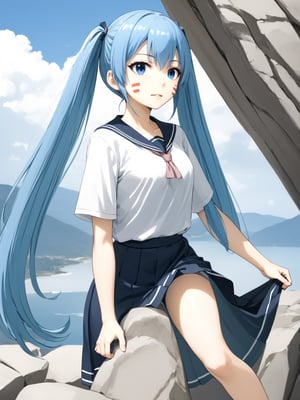 best quality, 8k, 8k UHD, ultra-high resolution, ultra-high definition, highres
,//Character, 
1girl, solo, hermit mio, long hair, blue hair, twintails, blue eyes, facial mark
,//Fashion, 
school_uniform
,//Background, 
,//Others, ,Expressiveh,
The girl climbing a steep, rocky cliff face. Her dress is slightly torn, and her hair is windswept. She's reaching for a handhold, determination evident on her face. Dark storm clouds gather in the background, adding drama to the scene.