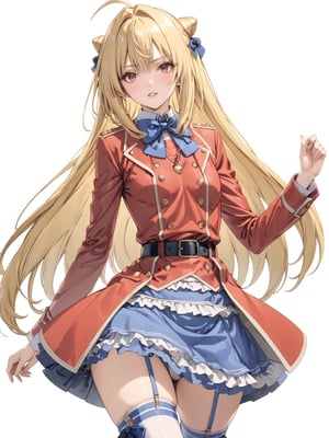 //Quality, masterpiece, best quality, detailmaster2, 8k, 8k UHD, ultra detailed, ultra-high resolution, ultra-high definition, highres, 
//Character, 1girl, solo,Terakomari, long hair, blonde hair, red eyes, ahoge, hair bow,
//Fashion, red coat, belt buckle, blue bowtie, long sleeves, skirt, bow, white thighhighs, garter straps, boots, 
//Background, white background, 
//Others, 