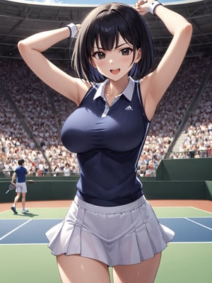 masterpiece, best quality, 8k, 8k UHD, ultra-high resolution, ultra-high definition, highres
,//Character, 
1girl, solo,ShimizuChikako, short hair, bob cut, black hair, black eyes, large breasts
,//Fashion, 
 tennis uniform
,//Background, 
,//Others, ,Expressiveh, 
v-shaped eyebrows, open mouth, sweat, red clay court, 
A young female tennis prodigy celebrating her victory at the Olympics, arms raised in triumph as the crowd cheers.