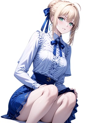 masterpiece, best quality, ultra-high resolution, ultra-high definition, highres
,//Character, 1girl, solo
,//Fashion, 
,//Background, white_background
,//Others, ,Expressiveh,
,ArtoriaPendragon, blonde hair, green eyes, sidelocks, braid, hair bun, ahoge, hair ribbon,
white shirt, blue skirt