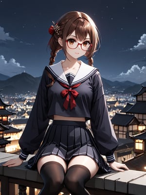 masterpiece, best quality, highres
,//Character, 
1girl, solo,SakimiyaMisaki, brown hair, twin braids, brown eyes, glasses, red-framed eyewear
,//Fashion, 
school uniform, hair ornament, hairclip, pleated skirt, black thighhighs
,//Background, 
,//Others, ,Expressiveh, 
A twin-tailed assassin girl perched on a rooftop, observing a medieval fantasy city at night.,Samurai_Girl