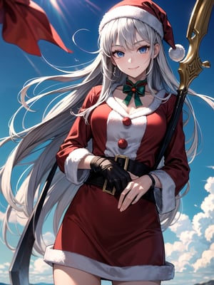 (masterpiece), (best quality), 8k illustration,
//Character,
santa, gentle smile, aura, Invincible, 
//Fashion,
santa_costume,
//Background,
Beautiful blue sky, calm sunshine, battlefield, Unlimited Blade Works