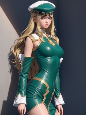 //Character, solo, Frey_VP, 1girl, blue eyes, long hair, blonde hair, 
//Fashion, hat, green dress, detached sleeves, green footwear, 
//Background, simple background, 
//Quality, (masterpiece), best quality, ultra-high resolution, ultra-high definition, highres, intricate, intricate details, absurdres, highly detailed, finely detailed, ultra-detailed, ultra-high texture quality, natural lighting, natural shadow, dramatic shading, dramatic lighting, vivid colour, perfect anatomy, 
//Others, 