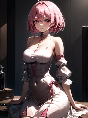 best quality, 8k, 8k UHD, ultra-high resolution, ultra-high definition, highres
,//Character, 
1girl, solo
,//Fashion, 
,//Background, 
,//Others, ,Expressiveh, 
Alural, short hair, pink hair, pink eyes, dress, Female alchemist mixing potions in a cluttered workshop, scrolls with strange symbols, focused expression, vial with swirling black liquid