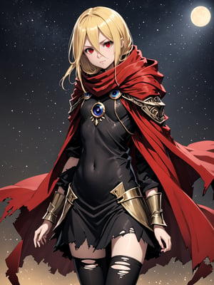 //Quality,
masterpiece, best quality, detailed
,//Character,
,Evileye \(overlord\), 1girl, solo, blonde hair, red eyes, hair between eyes, small breasts
,//Fashion,
hood, black dress, torn clothes, covered navel, red cloak, hooded cloak, black thighhighs, torn thighhighs, boots, black footwear
,//Background,
night_sky, starry_sky
,//Others,
hood down, arms at sides