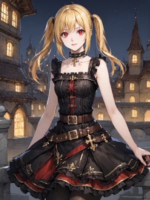 masterpiece, best quality, highres
,//Character, 
1girl, solo,AmaneMisa, twintails, blonde hair, red eyes, sidelocks
,//Fashion, 
black dress, sleeveless, bare shoulders, collarbone, choker, skirt, frills, belt, black pantyhose, cross
,//Background, 
,//Others, ,Expressiveh, 
A twin-tailed assassin girl perched on a rooftop, observing a medieval fantasy city at night.