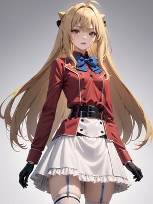 //Quality, masterpiece, best quality, detailmaster2, 8k, 8k UHD, ultra detailed, ultra-high resolution, ultra-high definition, highres, 
//Character, 1girl, solo,Terakomari, long hair, blonde hair, red eyes, ahoge, 
//Fashion, red coat, belt buckle, blue bowtie, long sleeves, white skirt, bow, white thighhighs, garter straps, boots, 
//Background, white background, 
//Others, 