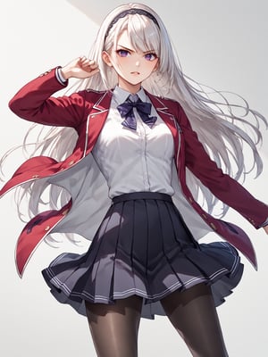 score_9,score_8_up,score_7_up,score_6_up, masterpiece, best quality, 8k, 8k UHD, ultra-high resolution, ultra-high definition, highres
,//Character, 
1girl, solo, long hair, white hair, purple eyes
,//Fashion, 
school uniform, red jacket, pantyhose, pleated skirt, hairband
,//Background, white_background
,//Others, ,Expressiveh,
fighting stance, dynamic pose,2b-Eimi