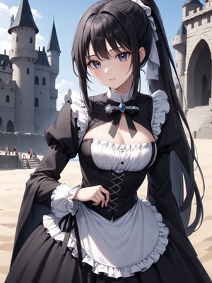 score_9,score_8_up,score_7_up,score_6_up, masterpiece, best quality, highres
,//Character, 
1girl,narberal gamma \(overlord\), long hair, black hair, glay eyes, bangs, ponytail, medium breats
,//Fashion, 
maid
,//Background, 
,//Others, ,Expressiveh, 
A girl building a sandcastle on a beach, but the castle is emerging as a full-sized, realistic medieval fortress.