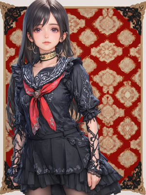 best quality, 8k, 8k UHD, ultra-high resolution, ultra-high definition, highres
,//Character, 
1girl, solo
,//Fashion, 
,//Background, 
,//Others, ,Expressiveh,
long hair, black hair, red eyes, hoop earrings, black serafuku, sailor collar, black shirt, red neckerchief, armband, pleated skirt, black skirt,2bEimi