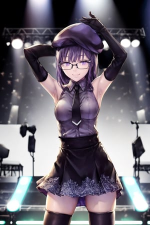 (best quality),(masterpiece),(ultra detailed),(highres),production art,solo,1girl, solo, hat, glasses, necktie, armpits, thighhighs, purple hair, smile, green-framed eyewear, looking at viewer, skirt, purple eyes, arms behind head, medium breasts, gloves, arms up, idol, breasts, bangs, stage, black thighhighs, semi-rimless eyewear, white headwear, zettai ryouiki, elbow gloves, sleeveless, stage lights, under-rim eyewear, beret, detached sleeves, standing, white skirt, shirt