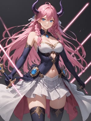 score_9,score_8_up,score_7_up,score_6_up, masterpiece, best quality
,//Character, 
1girl, solo,aura the guillotine \(frieren\)aura the guillotine \(frieren\), 1girl, blue eyes, long hair, braid, horns, medium breasts, pink hair
,//Fashion, 
jewelry, cleavage, navel cutout, bare shoulders, elbow gloves, pleated skirt, thighhighs
,//Background, white_background
,//Others,
evil smiling, holding_weapon,Expressiveh