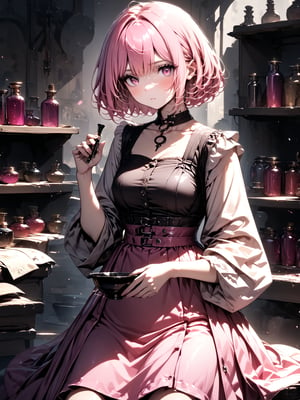 best quality, 8k, 8k UHD, ultra-high resolution, ultra-high definition, highres
,//Character, 
1girl, solo
,//Fashion, 
,//Background, 
,//Others, ,Expressiveh, 
Alural, short hair, pink hair, pink eyes, dress, Female alchemist mixing potions in a cluttered workshop, scrolls with strange symbols, focused expression, vial with swirling black liquid