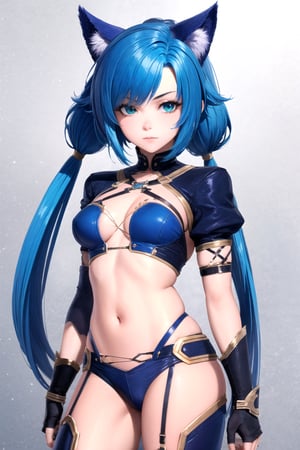 //Quality, masterpiece, best quality, detailmaster2, 8k, 8k UHD, ultra-high resolution, ultra-high definition, highres, 
//Character, 1girl, solo,MeracleChamlotte_SO4 cat_girl,blue_hair twintails green_eyes,
//Fashion, ,navel gloves thighhighs,
//Background, white background, 
//Others, 