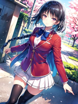 //Quality,
(masterpiece), (best quality), 8k illustration
,//Character,
1girl, solo
,//Fashion,
,//Background,
school gate, cherry blossoms
,//Others,
,aasuzune, short hair, black hair, (single braid:1.2), hair ribbon, red jacket, blazer, blue bowtie, long sleeves, white skirt, black thighhighs, happy tears, smile
