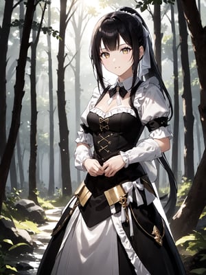 score_9,score_8_up,score_7_up,score_6_up, masterpiece, best quality, highres
,//Character, 
1girl,narberal gamma \(overlord\), long hair, black hair, glay eyes, bangs, ponytail, medium breats
,//Fashion, 
maid
,//Background, 
,//Others, ,Expressiveh, 
A young girl with long brown hair and bright eyes, standing at the edge of a magical forest. She's wearing a simple dress and holding a small backpack. Sunlight filters through the trees, creating a mystical atmosphere. The girl looks excited and slightly nervous.