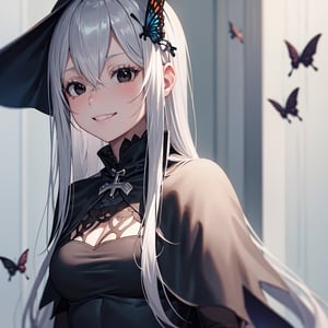 1 Girl, special ability, night, starry sky, shadow, detailed background, echidna, colored eyelashes, white hair, hair between eyes, long hair, straight hair, (black eyes:1.5),BREAK black capelet, black dress, butterfly hair ornament, capelet, dress, hair ornament, IncrsAnyasHehFaceMeme,grin