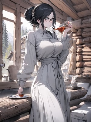 //Quality,
masterpiece, best quality, detailed
,//Character,
,Yuri Alpha \(overlord\), 1girl, solo, grey eyes, glasses, black hair, hair bun, breasts
,//Fashion,
dress
,//Background,
log house, pouring tea
,//Others,
