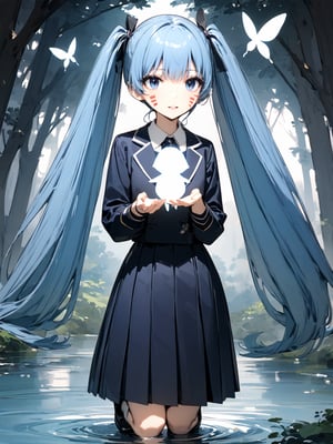 best quality, 8k, 8k UHD, ultra-high resolution, ultra-high definition, highres
,//Character, 
1girl, solo, hermit mio, long hair, blue hair, twintails, blue eyes, facial mark
,//Fashion, 
school_uniform
,//Background, 
,//Others, ,Expressiveh,
The same girl kneeling by a sparkling stream in the forest. She's reaching out to touch a glowing, fairy-like creature hovering above the water. The creature emits a soft blue light. The girl's expression is one of wonder and curiosity.