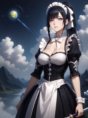 score_9,score_8_up,score_7_up,score_6_up, masterpiece, best quality, highres
,//Character, 
1girl, solo,narberal gamma \(overlord\), long hair, black hair, glay eyes, bangs, ponytail, medium breats
,//Fashion, 
maid
,//Background, 
,//Others, ,Expressiveh, 
A girl unzipping the sky like a giant zipper, revealing a cosmic realm filled with planets and nebulae behind it.