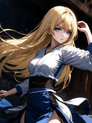 best quality, 8k, 8k UHD, ultra-high resolution, ultra-high definition, highres
,//Character, 
1girl, solo
,//Fashion, 
,//Background, 
,//Others, ,Expressiveh, 
priestess, long hair, blonde hair, blue eyes, dress,
A female martial artist demonstrating a complex kata, her gi in motion