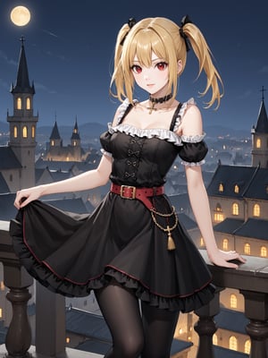 masterpiece, best quality, highres
,//Character, 
1girl, solo,AmaneMisa, twintails, blonde hair, red eyes, sidelocks
,//Fashion, 
black dress, sleeveless, bare shoulders, collarbone, choker, skirt, frills, belt, black pantyhose, cross
,//Background, 
,//Others, ,Expressiveh, 
A twin-tailed assassin girl perched on a rooftop, observing a medieval fantasy city at night.