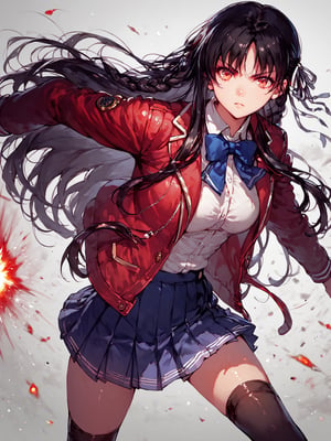 score_9,score_8_up,score_7_up,score_6_up, masterpiece, best quality, 8k, 8k UHD, ultra-high resolution, ultra-high definition, highres
,//Character, 
1girl, solo, long hair, black hair, shiny hair, red eyes, bangs, braid
,//Fashion, 
school uniform, red jacket, hair ribbon, white shirt, pleated skirt, thighhighs
,//Background, white_background
,//Others, ,Expressiveh,
fighting stance, dynamic pose,suzune horikita