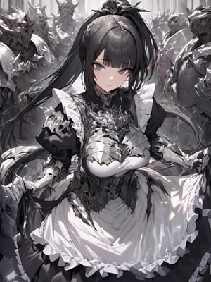 //Quality,
masterpiece, best quality, detailed
,//Character,
1girl, solo
,//Fashion,
,//Background,
,//Others,
,narberal gamma \(overlord\), 1girl, long hair, black hair, glay eyes, bangs, ponytail, medium breats, ribbon, bow, maid, dress, armor, gloves