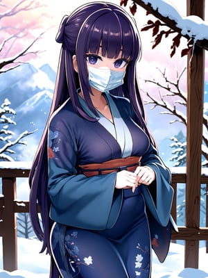 //Quality,
(masterpiece), (best quality), 8k illustration,
,//Character,
1girl, solo, 
,//Fashion,
details (dark blue silk brocade kimono)
,//Background,
Kyoto, outdoors, winter, snow
,//Others,
chin mask,goodbye,aafern, long hair