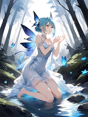 masterpiece, best quality, highres
,//Character, 
1girl, solo
,//Fashion, 
,//Background, white background
,//Others, ,Expressiveh, 
,AobaTsukuyo,
The same girl kneeling by a sparkling stream in the forest. She's reaching out to touch a glowing, fairy-like creature hovering above the water. The creature emits a soft blue light. The girl's expression is one of wonder and curiosity.