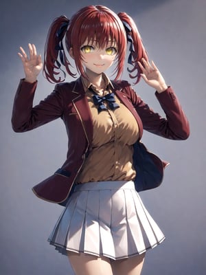 //Quality,
masterpiece, best quality, detailed
,//Character,
1girl, solo,AmasawaIchika, yellow eyes, red hair, twintails, medium breasts, bangs, hair between eyes, shiny hair, 
,//Fashion,
school uniform, red jacket, blazer, open jacket, long sleeves, open clothes, collared shirt, brown shirt, blue bowtie, hair ribbon, red ribbon, pleated skirt, white skirt, miniskirt, black footwear, black socks, loafers
,//Background,
,//Others,
standing, full body, closed mouth, smile, hand up