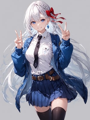 score_9,score_8_up,score_7_up,score_6_up, masterpiece, best quality
,//Character, 
1girl, solo,RiseliaRayCrystalia, very long hair, white hair, braid, blue eyes, medium breasts
,//Fashion, 
earrings, red hair bow, long sleeves, white shirt, collared shirt, black necktie, blue jacket, blue skirt, pleated skirt, black thighhighs, belt
,//Background, white_background
,//Others,
(making a V sign), smile,Expressiveh