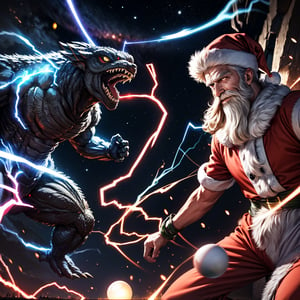 masterpiece,best quality,highly detailed, intricate design, Santa, white beard, gentle smile,looking at another, Close-up of Santa, charging, (energy ball), electricity, aura, kamehameha , BREAK universe, duel, looking at another, kaijuu, giant monster,ApproachingMe