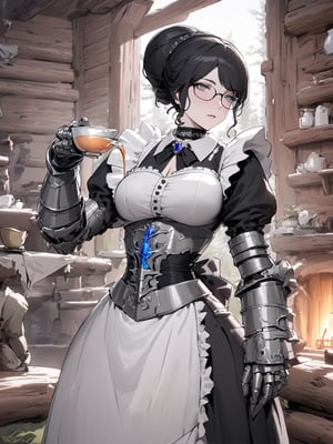 //Quality,
masterpiece, best quality, detailed
,//Character,
,Yuri Alpha \(overlord\), 1girl, solo, grey eyes, glasses, black hair, hair bun, breasts
,//Fashion,
dress, broach, choker, maid, armor, gauntlets, corset
,//Background,
log house, pouring tea
,//Others,

