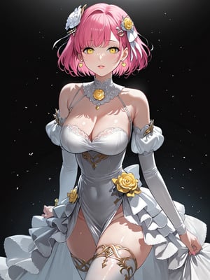 best quality, 8k, 8k UHD, ultra-high resolution, ultra-high definition, highres
,//Character, 
1girl, solo
,//Fashion, 
,//Background, 
,//Others, ,Expressiveh,
m.o.m.o., short hair, pink hair, yellow eyes, hair ornament, dress, thighhighs