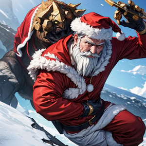 masterpiece, best quality, intricate design, Santa, solo, white beard, gentle smile, confront the monster, universe,kamehameha