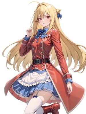 //Quality, masterpiece, best quality, detailmaster2, 8k, 8k UHD, ultra detailed, ultra-high resolution, ultra-high definition, highres, 
//Character, 1girl, solo,Terakomari, long hair, blonde hair, red eyes, ahoge, hair bow,
//Fashion, red coat, belt buckle, blue bowtie, long sleeves, skirt, blue bow, white thighhighs, garter straps, boots, 
//Background, white background, 
//Others, 