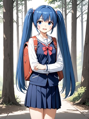 best quality, 8k, 8k UHD, ultra-high resolution, ultra-high definition, highres
,//Character, 
1girl, solo, hermit mio, long hair, blue hair, twintails, blue eyes, facial mark
,//Fashion, 
school_uniform
,//Background, 
,//Others, ,Expressiveh,
A young girl with long brown hair and bright eyes, standing at the edge of a magical forest. She's wearing a simple dress and holding a small backpack. Sunlight filters through the trees, creating a mystical atmosphere. The girl looks excited and slightly nervous.