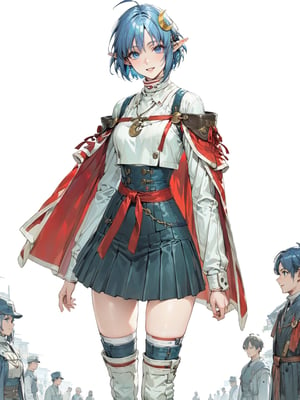 //Quality, masterpiece, best quality, detailmaster2, 8k, 8k UHD, ultra detailed, ultra-high resolution, ultra-high definition, highres, 
//Character, 1girl, solo, blue eyes, short hair, blue hair, pointy ears, ahoge,
//Fashion, red cape, skirt, thighhighs, crescent hair ornament,
//Background, white background, 
//Others, looking at viewer, smile, 
